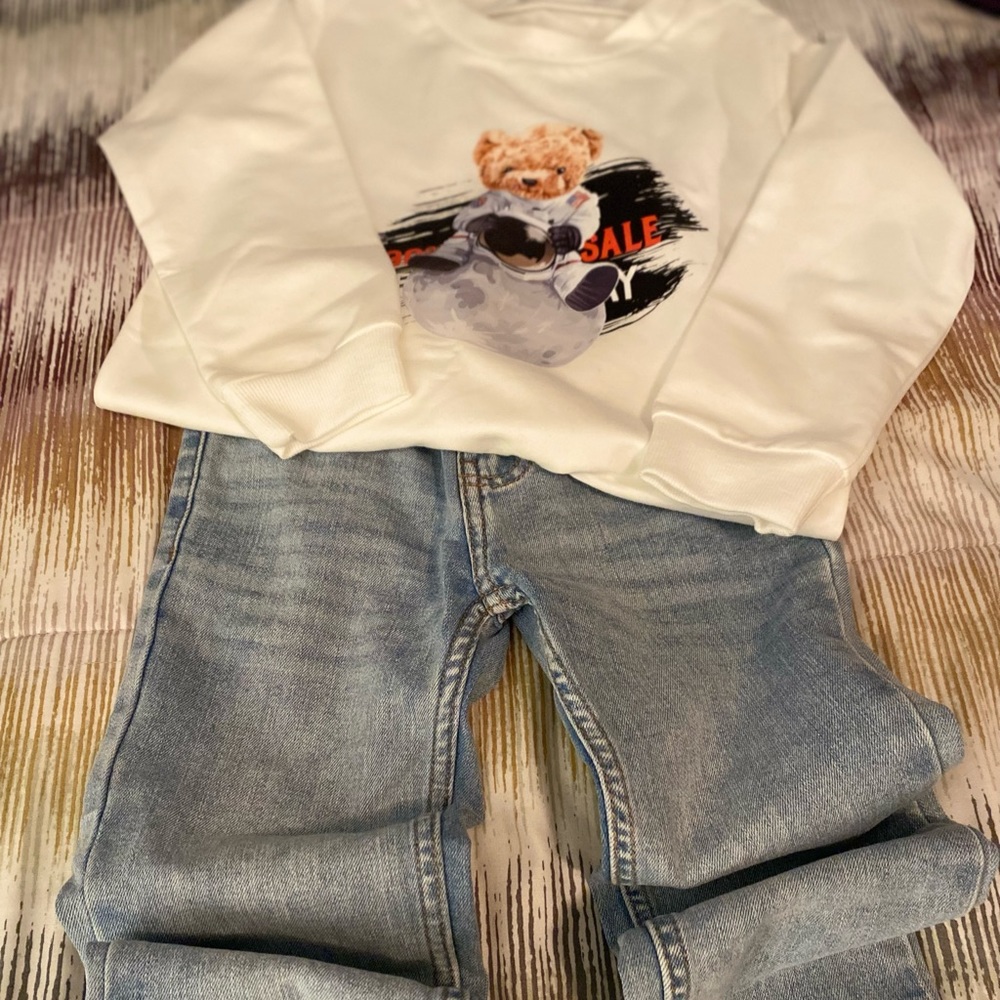 Space Bear Sweater and Denim Jean Set